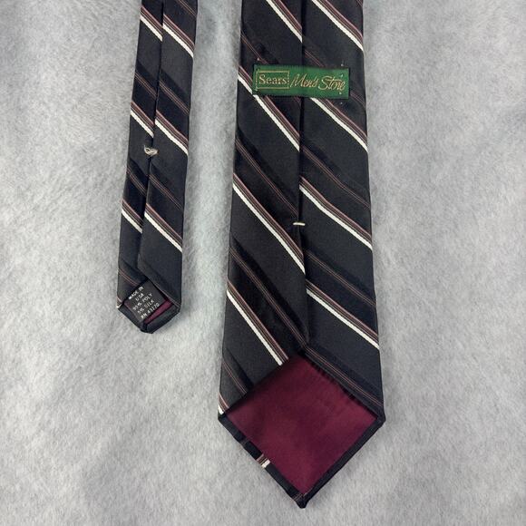 Vintage Sears Men's Store Necktie Short Black Striped Slim Silk Polyester Dinner - Picture 4 of 8